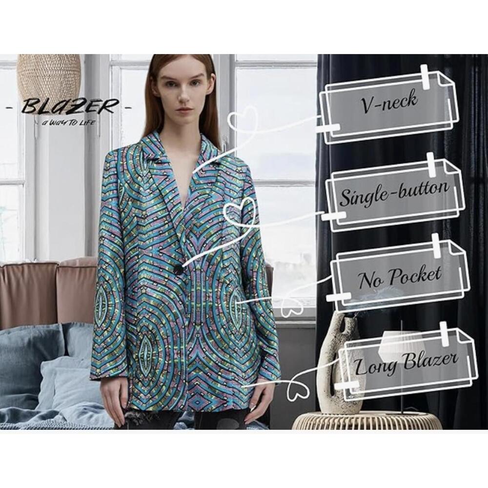 Women's Vibrant Multi-Pattern Long Blazer - Chic & Stylish Outerwear Size S